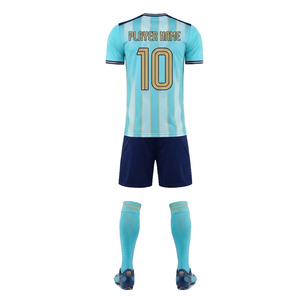 Custom Sublimation Soccer Uniform Set <b>Light</b> Blue Navy Striped V-<b>Neck</b> Short Sleeve Men Team Kit All Seasons Breathable Polyester - Product Image 4