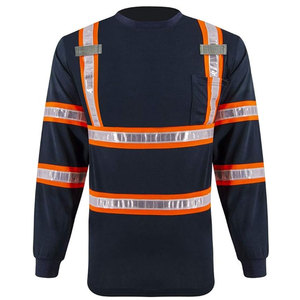 เสื้อเชิ้ตทำงานแขนยาวสีกรมท่าสำหรับผู้ชาย พร้อมแถบสีส้มและผ้าโพลีเอสเตอร์ระบายอากาศได้ดี - Product Image 1