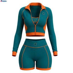Conjuntos Deportivos Cortos de Verano Estilo Hip Hop para Mujer, 2 Piezas, Chaqueta con Cremallera y Pantalones Cortos, 100% Algodón, Transpirable, de Secado Rápido, Ecológico, Mangas Largas - Product Image 6