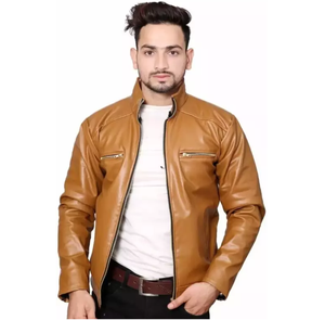 Custom Made Leather Winter <b>Jacket</b> for <b>Men</b> <b>Canvas</b> Fabric Stand Collar Front Logo Wholesale Price High Quality - Product Image 5