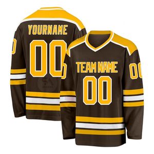 Premium Quality Brown Yellow Striped Ice Hockey Jersey Breathable Quick Dry Long Sleeve <b>Athletic</b> Team Performance Apparel Shirt - Product Image 1