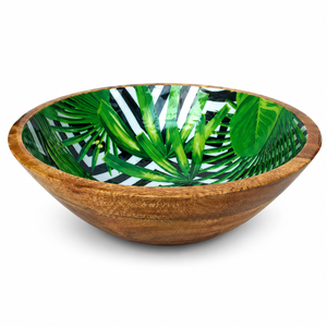 Tazón para Ensalada de Madera de Mango con Estampado de Hojas Verdes Tropicales, Hecho a Mano, Apto para Alimentos, Tazón de Madera para Servir, Tazón para Frutas, Pasta y Comida - Product Image 1
