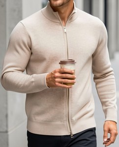 Cardigan décontracté pour homme à col montant et fermeture éclair, en tissu modal anti-boulochage, coupe classique légèrement extensible - Product Image 1