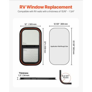 Vertical Tinted Sliding RV Window 12\" W X 22\" H Net Screen Trim <b>Ring</b> for Caravan Fit 15/16\" 1 3/4\" <b>Thickness</b> Wall - Product Image 2