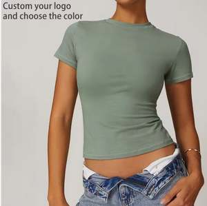 Camiseta Deportiva de Yoga Personalizada al por Mayor de Alta Calidad, Top Corto de Algodón y Elastano, Camiseta con Estampado y Bordado, Ropa para Mujer - Product Image 2