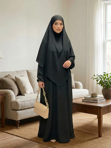 ชุดอาบายะสีพื้นพร้อมฮิญาบ 2 ชิ้น |   ชุดเดรสยาวแบบเปิดด้านหน้าสำหรับสตรีมุสลิมสำหรับละหมาด - Product Image 6