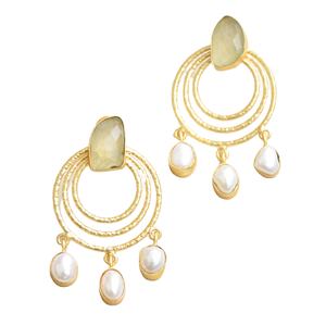 Brass Pearl <b>Stud</b> <b>Earring</b> with Prehnite Wholesale Handmade Natural Stone Rhodium Plated Fashion Forward Style Bulk Export Quality - Product Image 1