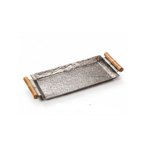 Plateau de service rectangulaire avec poignées en bois, finition métal brossé, usage résidentiel - Product Image 1