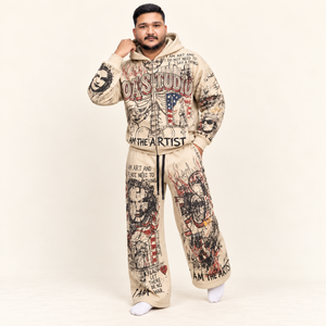 Ensemble survêtement homme personnalisé imprimé graffiti DTF sur toute la surface, sweat à capuche zippé et pantalon de survêtement, style streetwear oversize REXFITSPORTS, vente en gros - Product Image 1
