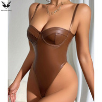 Combinaison une pièce en cuir PU, unie, sexy et élégante, respirante, pour femme, tenue de soirée, collection automne 2025