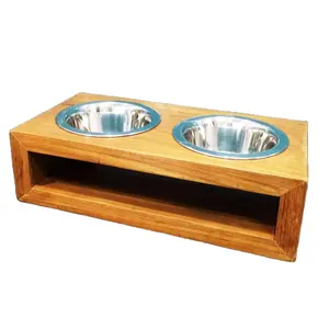 Vaso de madeira para cachorros, pote separado de água e comida para animais de estimação, tigela de aço inoxidável, alimentador para gatos