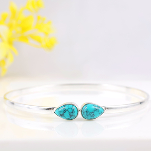 Wholesale 925 Sterling Silver Plated Natural Turquoise Gemstone Teardrop Cuff Bangle <b>Boho</b> Jewelry Handmade Minimalist Two Stone - Product Image 6