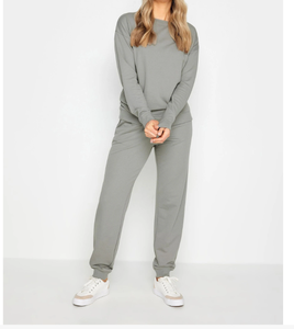 Ensemble de survêtement gris pour femme, col rond, coupe classique, en coton tricoté, couleur unie, décontracté, automne, pantalon de jogging, manches longues, respirant, léger - Product Image 3