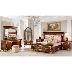 Luxury Royal Solid Teak Wood Bedroom Set Carved King Size Bed Grand Wardrobe 2 Nightstands Dressing <b>Table</b> with Oval <b>Mirror</b> - Product Image 1
