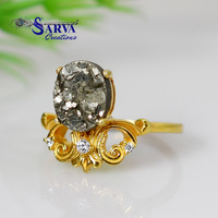 Bague en Pyrite Naturelle Plaqué Or Argent Sterling 925, Style Vintage Floral Filigrané, Bague Statement avec Pierre Précieuse pour Femme