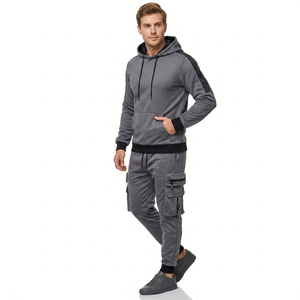 Conjunto Deportivo Casual de Otoño para Hombre, con Capucha, Color Sólido, Tejido de Poliéster y Algodón, Transpirable, con Múltiples Bolsillos, de Dos Piezas - Product Image 1
