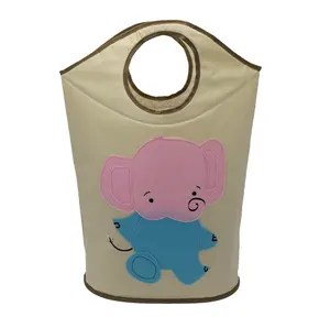 Custom printed standard size canvas cotton Laundry Basket for Dirty Clothes Storage corganizer Sturdy Kids Toy Bag elephant PINK