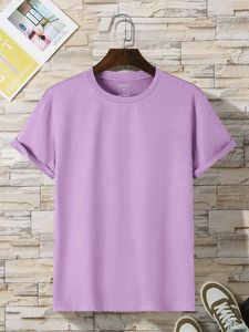 T-shirt en coton violet uni surdimensionné pour homme, col rond, manches courtes, jersey décontracté, haut uni - Product Image 5
