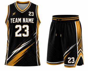 Conjunto de Uniforme de Baloncesto Personalizado Sublimado, Transpirable, de Malla, Negro y Dorado, con Nombre del Equipo 23, Absorbe la Humedad, Unisex, para Adultos - Product Image 1