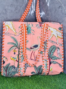 Jungle Print Tote <b>Bag</b> | Quilted Cotton Shoulder Tote <b>Bag</b> | Handmade Peach Safari Animal Print <b>Bag</b> | Large Space Tote Travel <b>Bag</b> - Product Image 5