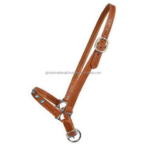 Fancy Aqua Bling diamantes de imitación decorativos hechos a mano Tan cuero real caballo Halter ajustable Níquel o latón variante hardware - Product Image 2