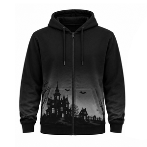 Sudadera con capucha para hombre con cremallera, diseño personalizado de casa embrujada y murciélagos, con bolsillos laterales de forro polar, ideal para Halloween. - Product Image 1