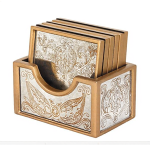 ที่รองแก้ววอลนัทสำเร็จรูปพิมพ์สีทองวัสดุไม้6ชิ้น - Product Image 1