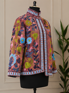 Jaipuri Textile Dusty Rose Velvet & Cotton Cropped Suzani Short <b>Jacket</b> Bell Sleeve Premium Breathable Womenswear Wholesale B2B - Product Image 2