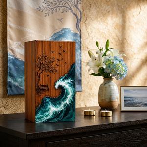 Handmade Wood Resin Cremation Urn Ocean Wave Memorial <b>Ashes</b> Box Art Deco Tabletop Keepsake <b>Casket</b> - Product Image 4