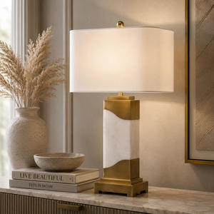 Lampe de table d'appoint en marbre de qualité supérieure, dotée d'une forme architecturale, d'une éclairage chaleureux et d'un charme décoratif haut de gamme pour la maison - Product Image 1