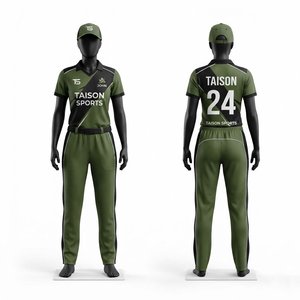 Womens Cricket Uniform 180 GSM Polyester Interlock Jersey and <b>Trousers</b> Olive Green Black <b>White</b> Panels Custom Printed Logo - Product Image 1