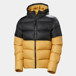Manteau d'hiver pour homme en duvet noir à capuche avec design patchwork, col montant, fermeture éclair, coupe décontractée, en nylon épais - Product Image 1