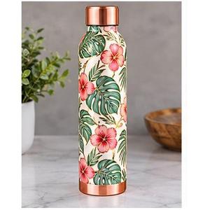 Bouteille d'eau en cuivre pur écologique grande capacité avec couvercle rose doré, motif fleur d'hibiscus tropical, portable, pour voyage, personnalisable - Product Image 1