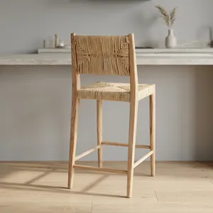 Chaise de comptoir en bois tressé à la main, dossier solide, design scandinave moderne pour bar à domicile, îlot de cuisine, salon, meubles - Product Image 2