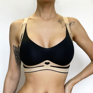 Sujetador deportivo de mujer con cuello en V profundo, color liso, transpirable, soporte medio, yoga, sin costuras, diseño con logo frontal recortado - Product Image 3