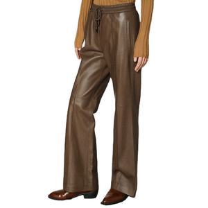 Pantalon droit marron en PU pour femme, taille haute, avec cordon de serrage, coupe skinny, longueur intégrale, décontracté, couleur unie, devant plat, effet push-up fessier, pour l'automne - Product Image 1