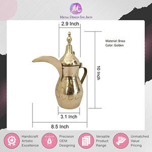 Théière arabe Dallah en laiton pur doré, fabriquée par un fabricant indien de premier plan, pour servir du thé et du café chaud. - Product Image 2