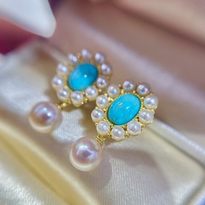 Boucles d'oreilles tournesol turquoise avec petites perles d'imitation presque rondes de 7-8 mm, bijoux de haute qualité - Product Image 5