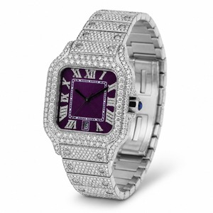 Reloj cuadrado unisex de lujo de acero inoxidable con esfera morada, incrustaciones de diamantes, movimiento de cuarzo analógico con fecha, cierre plegable de 41 mm - Product Image 5