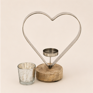Modern Rustic Heart-Shaped Metal <b>Tea</b> Light Candle Holder With Solid Mango Wood Base Elegant Silver Heart Sculpture Tabletop - Product Image 3