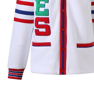 OES Casual Thick Fleece <b>Cardigan</b> Unisex V Neck Cotton Knit with <b>Chenille</b> Embroidered Letters White Winter Sweater Stripe Trim - Product Image 6