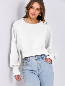 Pull en molleton blanc pour femme, coupe classique, style streetwear, manches classiques, col rond, couleur unie, séchage rapide, haut d'hiver - Product Image 3