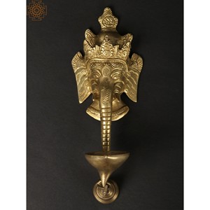 Máscara para colgar en la pared de Lord Ganesha de 11 pulgadas hecha a mano con Diya de latón y artículo de regalo de campana hecho en India - Product Image 2