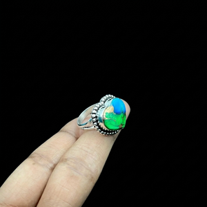 Bague en argent turquoise bleu-dahlia paon avec cabochon multicolore, bijou vintage bohème tendance - Product Image 2