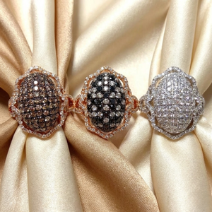 Solid 18k Rose Gold Natural Brown Champagne Diamond Oval Dome Cocktail Ring Genuine White Halo Pave Cluster Statement Wedding - Product Image 5