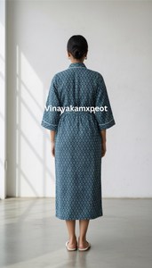 Robe Kimono en Coton Écologique Imprimé Flock, Loungewear Indigo, Taille Haute, Col en V, Motif Floral, Légère et Asymétrique - Product Image 3