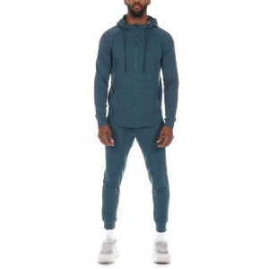 Survêtement à capuche bleu marine pour homme, fermeture éclair intégrale, coupe classique, couleur unie, vêtement décontracté d'automne avec poches latérales, 100% polyester - Product Image 3