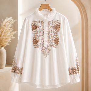 เสื้อเชิ้ตผู้หญิงผ้าฝ้ายพรีเมียมปักลายสีขาว แขนยาว คอระบาย ทรงหลวม สไตล์ลำลอง - Product Image 3