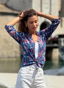 Camisa de Algodón con Estampado Floral Bohemio en Negro y Beige, Blusa Étnica Informal de Manga Larga y Corte Holgado para Mujer - Product Image 2