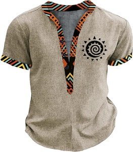 Men's Polyester/Cotton <b>Turtleneck</b> Short Sleeve Garment Dyed Woven T-Shirt with Geometric Print Contrast Trim Casual Top - Product Image 1